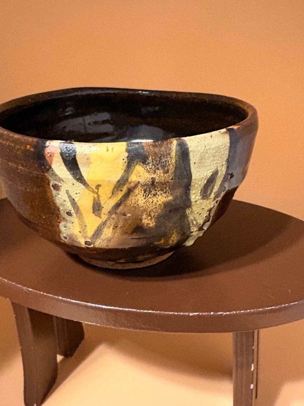 Signed Studio Pottery Stoneware Bowl Brown Honey Drip Glaze Hand Thrown 4.5"